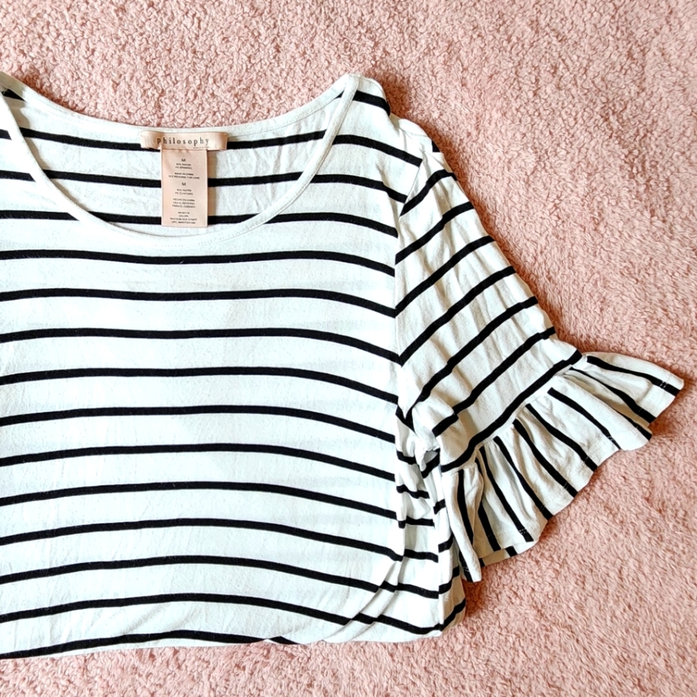 Philosophy Ruffle Sleeve Blouse | Black and White Stripe, size medium